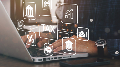 Busines using a computer to complete Individual income tax return form online for tax payment. Government, state taxes. Data analysis, paperwork, financial research, report. Calculation tax return.
