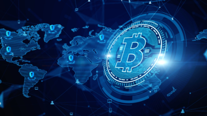 Bitcoin blockchain crypto currency digital encryption, Digital money exchange, Technology network connections background concept.